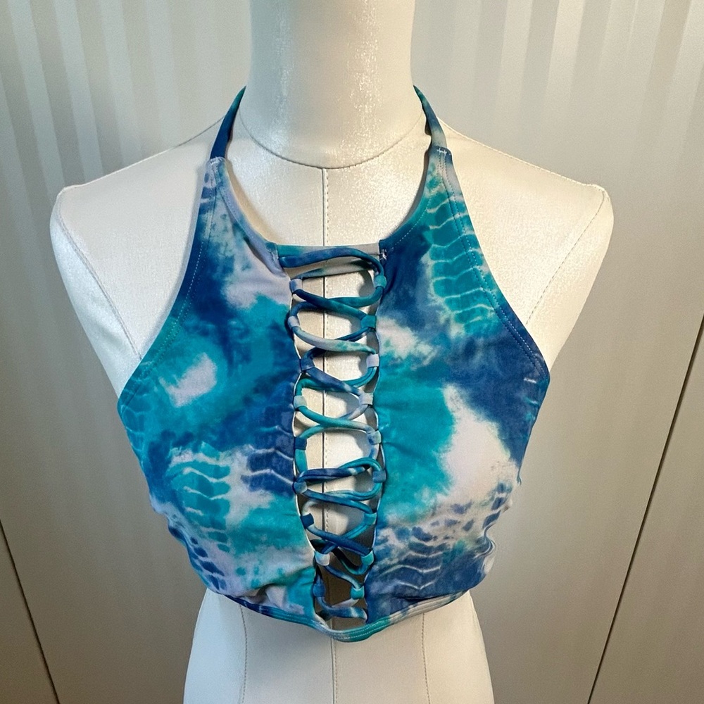 Hollister blue green white laced up bikini top Size XL